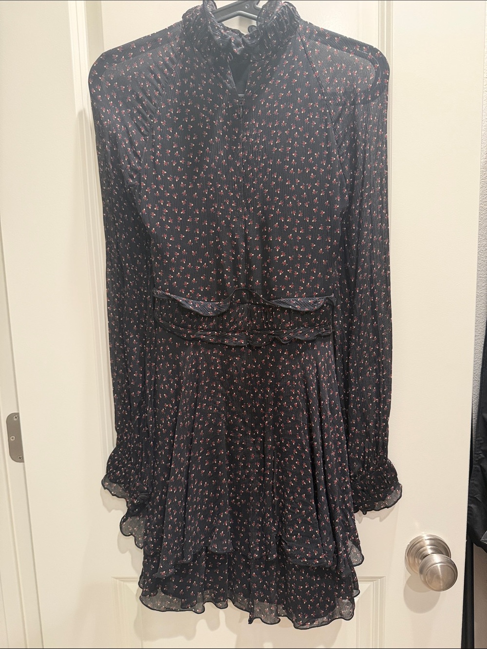 NICOLA Black Long-Sleeve Ruffled Mini Dress with Pink Floral Print